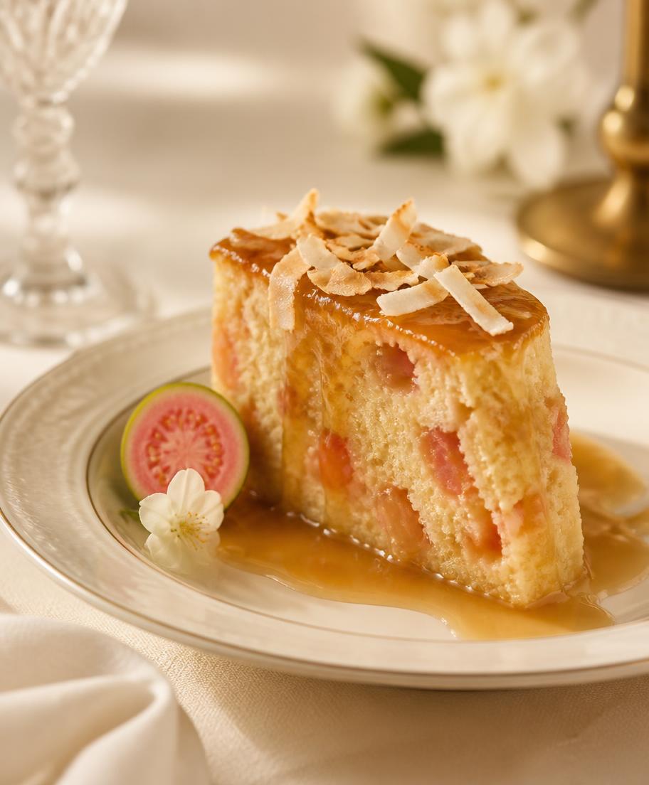 Warm Caribbean guava duff with soft rum sauce
