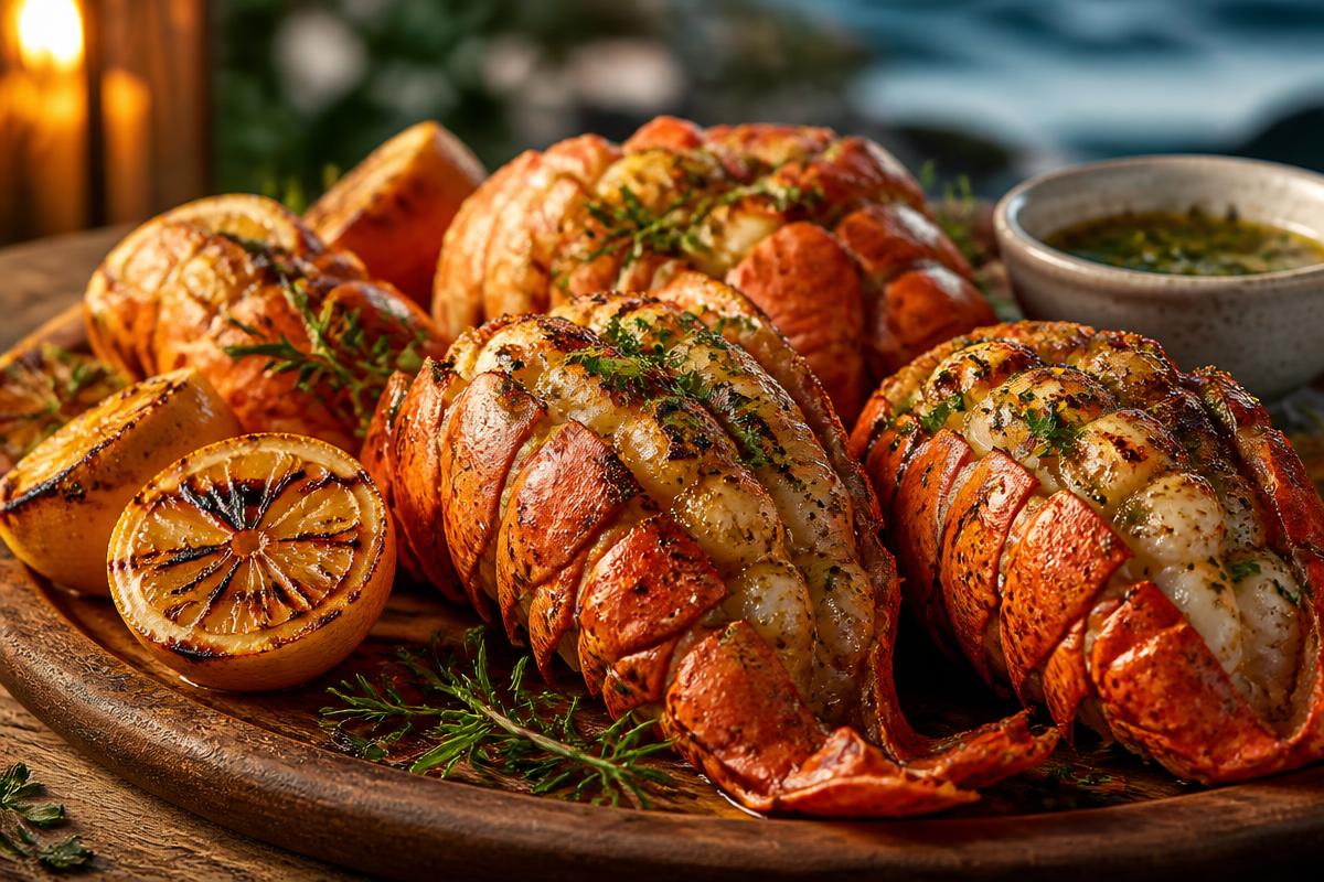 Grilled Bahamian lobster tail with charred lemon and herbs