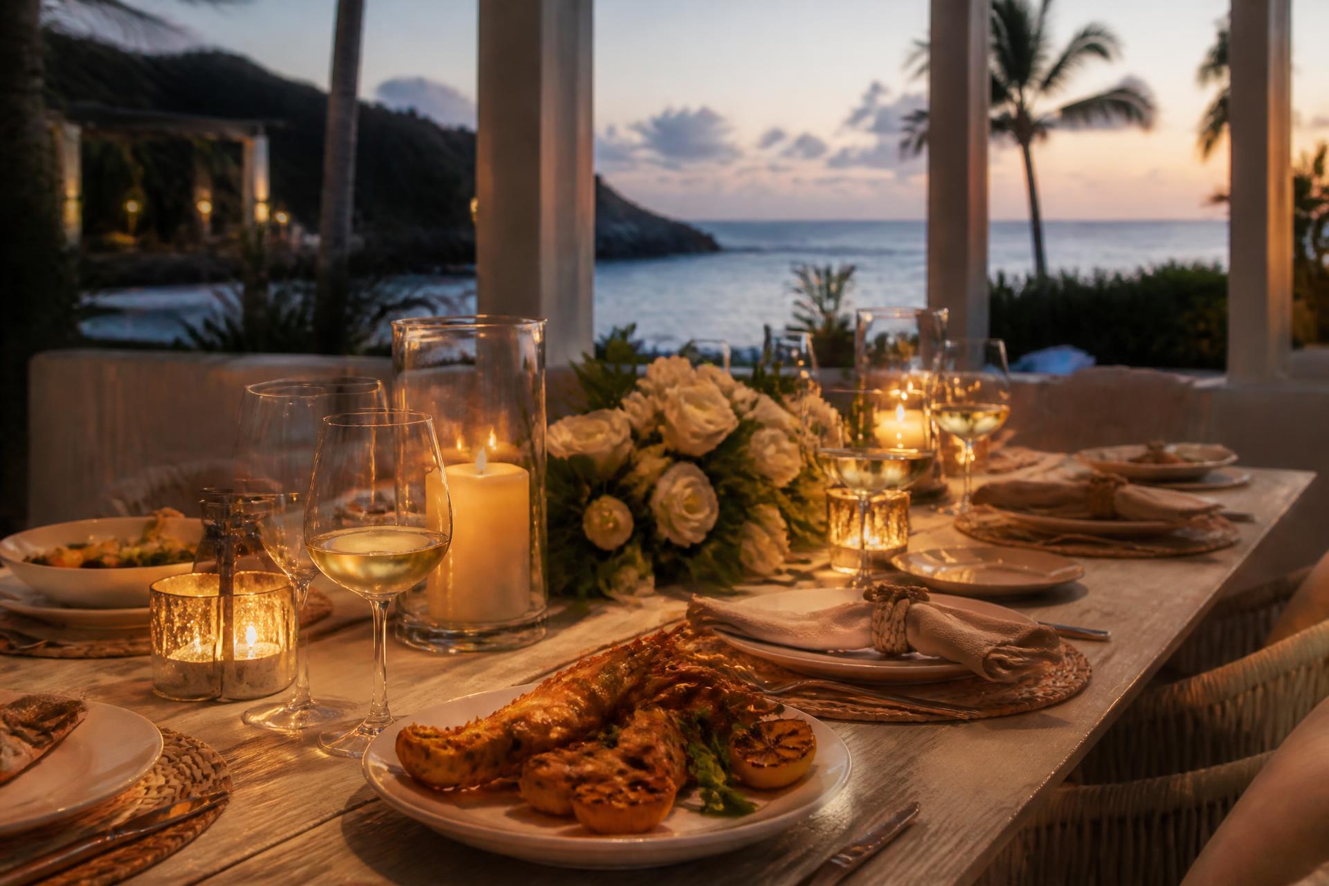 Candlelit private dining table set on a Caribbean villa terrace at dusk