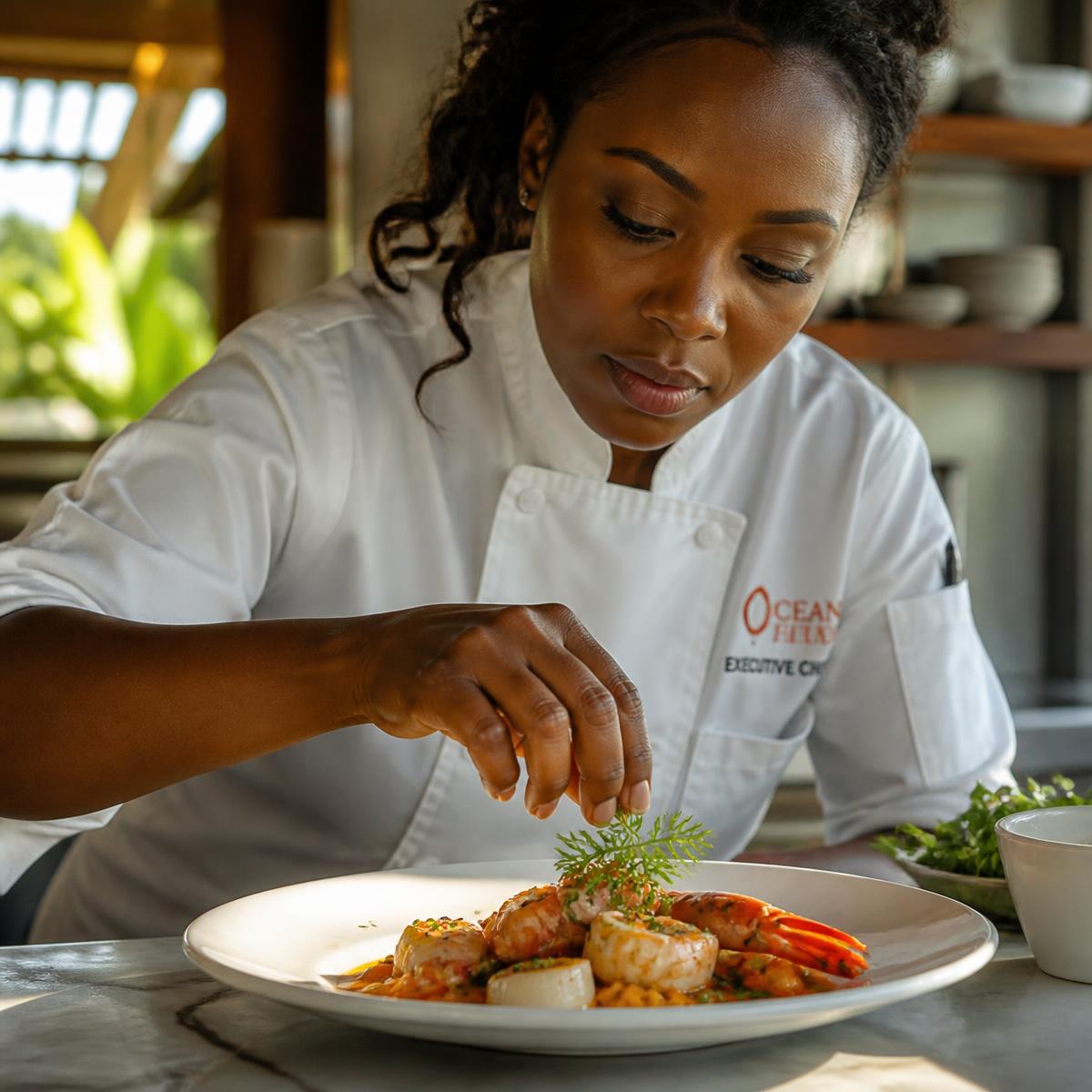 Chef finishing a seafood plate with fresh herbs in a villa kitchen