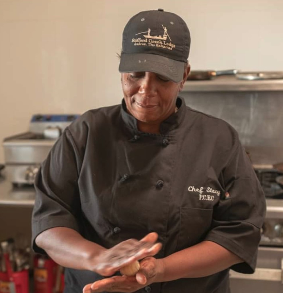 Chef Stacy Smith at work in the kitchen at Stafford Creek Lodge, Andros