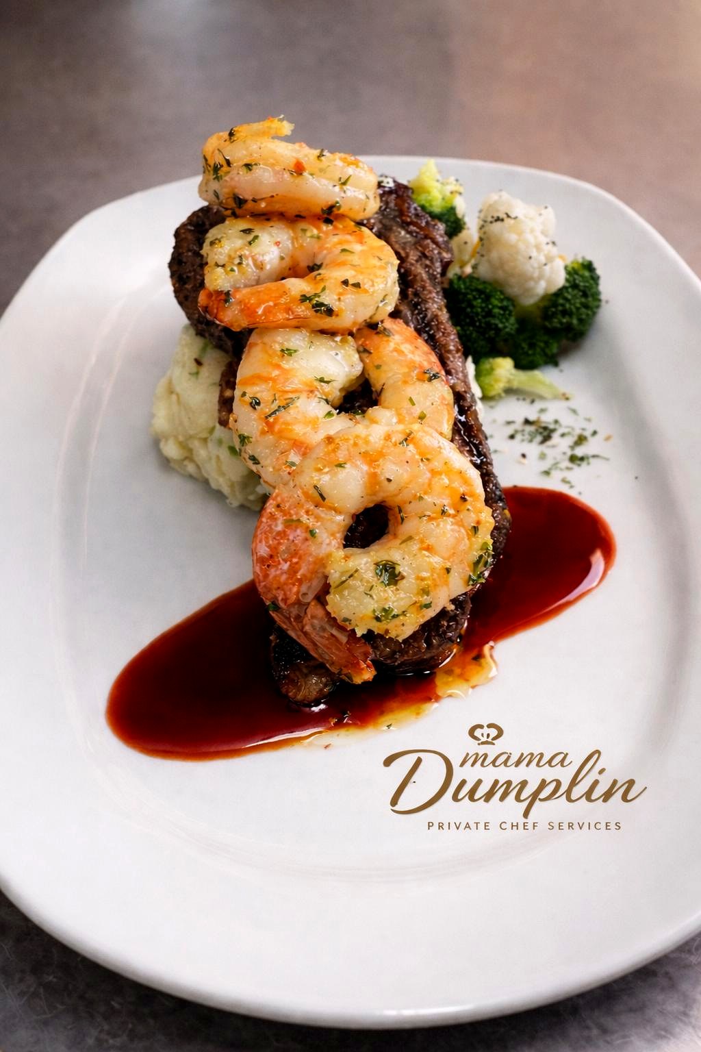 Surf and turf: garlic shrimp over seared steak with red wine jus