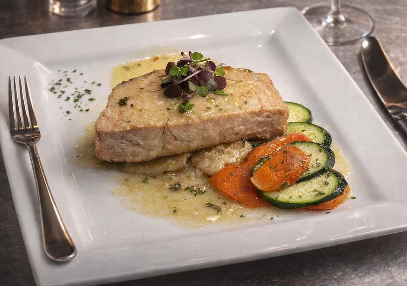 Grilled swordfish in butter sauce with zucchini and carrot